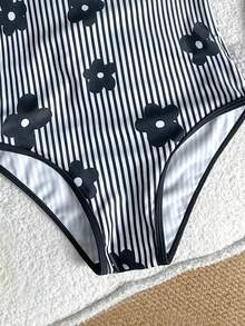 SHEIN Traje de baño de una pieza con estampado floral y de rayas para niña preadolescente - Blanco y Negro - Ver 6