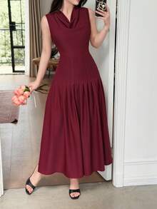 Feyla Women's Solid Color Ruffled Neck Pleated Design Sleeveless Elegant Mid-Length Dress Party Burgundy Summer - Burgundy - View 3