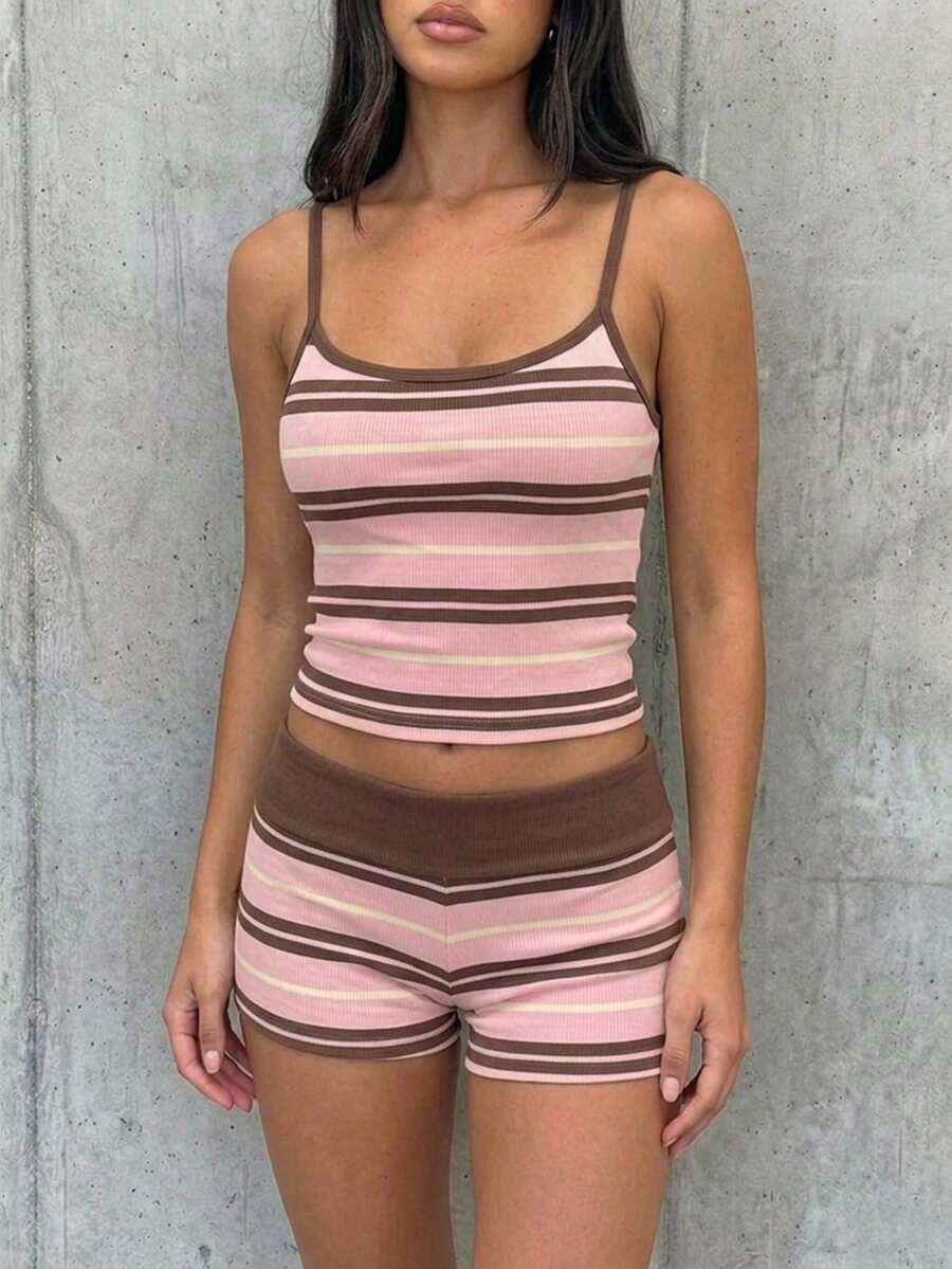 SHEIN EZwear 女士条纹露脐吊带背心和短裤两件套 - 彩色 - 查看 1