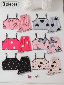 Elladie kids 6件套大童睡衣套装，方领无袖背心和短裤，夏季多色爱心蝴蝶字母印花，配可爱蝴蝶结和樱桃装饰，室内日常穿着，透气轻盈针织面料，柔软亲肤，休闲舒适，时尚前卫，优雅睡衣家居服，高品质睡衣，放松必备。 - 彩色 - 查看 5