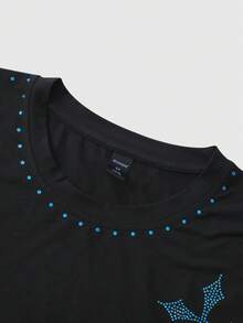 ROMWE MEN Goth Men's Street American Cross Rhinestone Distressed Hem Short Sleeve T-Shirt - Black - View 3