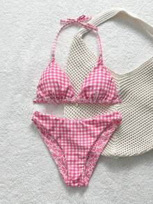 SHEIN 少女夏季新款提花露背系带比基尼套装，玫瑰红，适合海滩和度假 - 玫紅色 - 查看 7