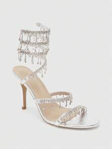 Glitzique Women's Stiletto High Heel Sandals, Fashion Minimalist Strap With Rhinestone Snake Wrap Round Toe, Basic Style For Summer & Autumn - Silver - View 4