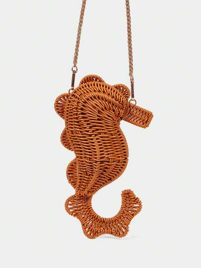 SHECARRY Women's Fashion Personality Summer Fun Seahorse Shape Summer Vacation Seaside Beach Pure Hand-Woven Hollow Slanted Shoulder Bag