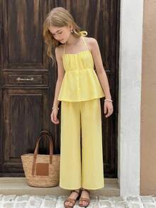 SHEIN Bộ đồ 2 món cho bé gái tuổi teen: Áo hai dây in hình quả anh đào kẻ caro và quần ống đứng, thích hợp cho kỳ nghỉ lễ. - Màu xanh lam - Xem 2