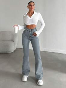EURMUSE 98%Cotton Solid Color Bell Bottom Jeans - Light Wash - View 5