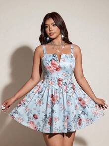 Viva Relle Plus Size Women Elegant Floral Print Party Spaghetti Strap Light Dress - Multicolor - View 5