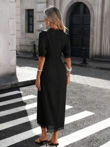 SHEIN PariChic Đầm nữ thanh lịch kiểu dáng nghỉ mát, màu trơn, cổ chữ V, phối ren tương phản, ôm dáng, thích hợp cho mùa hè. - màu đen - Xem 2
