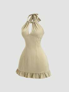 Sweetra Elegant Satin Backless Halter Mini Dress, Refreshing Green Color, Fitted Silhouette, Sexy & Suitable For Party, Spring/Summer - Green - View 3
