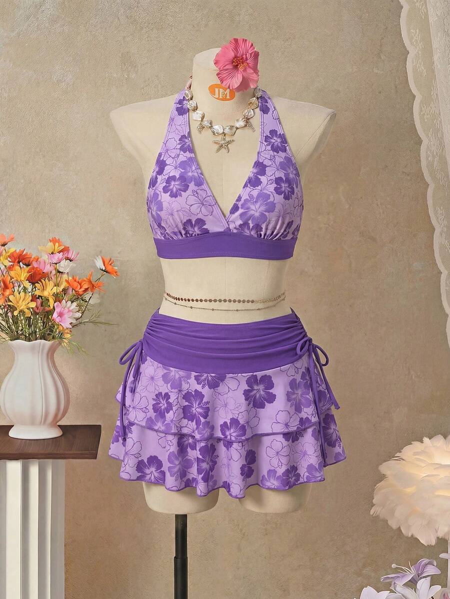 Bellisia 26SS 春夏沙滩度假紫色吊带三角比基尼上衣+迷你裙三件套