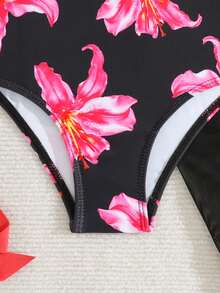 SHEIN 女童碎花荷叶边连体泳衣，带罩衫和裙子 - 黑色 - 查看 4