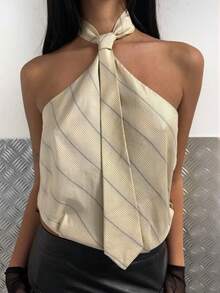 Briarwyn Women's Edgy Satin Printed Tie Backless Camisole Top, Summer, Elegant Sexy Top, Vacation Outfits Women, Work Golf Party For, Fashionable Tops White - Apricot - View 1