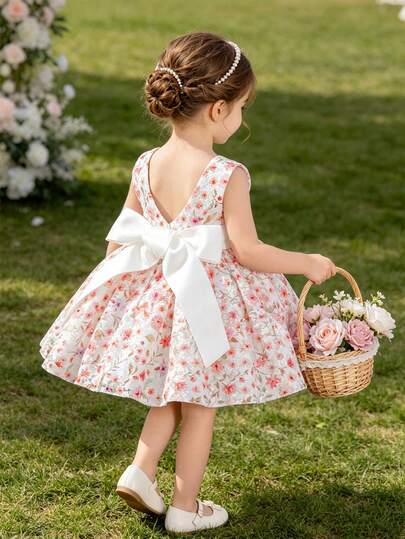 SHEIN Glamorique Kids 女婴碎花连衣裙，婴儿刺绣缎面蝴蝶结连衣裙，V领无袖露背公主裙，适合复活节派对