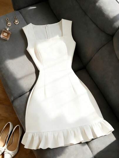 SHEIN Franclia 2026 New Women's Solid White Square Neck Sleeveless Mid-Length Dress, Fitted Waist Elegant Guest Dress For Party Wedding, A-Line Flared Hem Summer Dress