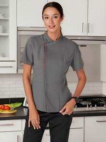 TaskEZ Women's Summer Contrast Piping Patch Pocket Short Sleeve Work Uniform - Grey - View 8