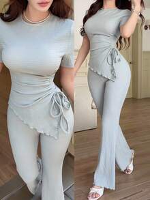 Feyla Women's Chic Light Grey Summer Two Pieces Set Ruched Asymmetrical Drawstring Top And Flare Pants, Waffle Knit Brunch Date Matching Outfit Casual - Mint Green - View 9
