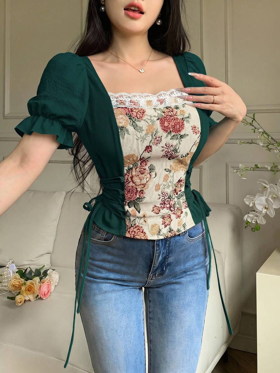Feyla 女士复古优雅印花花瓣袖系带衬衫，修身夏季上衣
