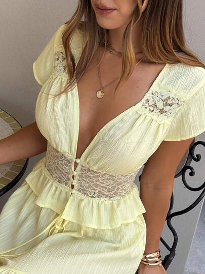 Aloruh Camisa de manga corta con recorte de encaje y parches amarilla, nueva para primavera/verano, adecuada para vacaciones, citas, playa