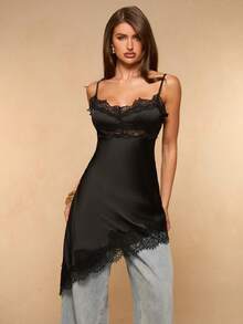 SHEIN BAE Elegant Sexy Black Lace Trim Backless Camisole Top, Satin Splice Sleeveless Blouse Summer Night Out Club Date Night, Party, Cocktail Formal Women's - Black - View 1