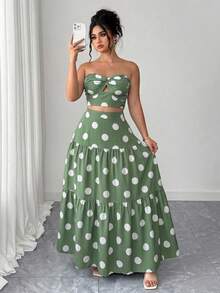 Elenzga Conjunto de 2 piezas talla grande: Top bandeau azul elegante con nudo y falda maxi plisada, estilo de vacaciones para el verano - verde menta - Ver 7