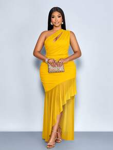 Vestido largo maxi de talla grande para mujer, de unicolor, con cuello asimétrico hueco, para uso diario, vacaciones, casual, elegante, sexy, simple, sin mangas, ajustado, - Amarillo - Ver 4