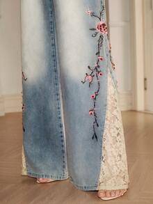 Anewsta Jeans de campana con encaje de contraste bordado de lujo para mujer, estilo de vacaciones - Azul - Ver 6