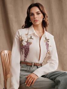 Anewsta Summer Fresh & Romantic 3D Floral Pure White Blouse For Women - White - View 6