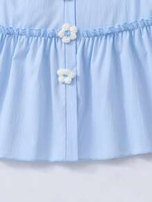 SHEIN Girls Floral Print Collared Open Front Puff Sleeve Dress With Belt Summer Holiday - Blue - View 8