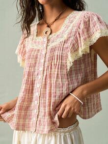 SoleilVie Blusa con cuello cuadrado, abotonada, con parches de encaje floral y mangas con volantes - Rosa Pálido - Ver 3