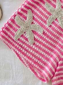 SHEIN Tween Girl Casual Comfortable Round Neck Sleeveless Starfish Decor Striped Tank Top And Shorts 2-Piece Set - Hot Pink - View 8