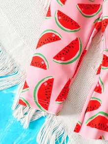 SHEIN Young Girl Cute & Cool Casual Beach Holiday Watermelon Fruit Pattern Contrast Color Raglan Sleeve One-Piece Swimsuit, Spring/Summer - Red - View 3