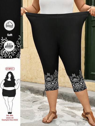 SHEIN CURVE+ Bộ đồ thể thao màu đen cỡ lớn dành cho nữ, quần legging dài đến 7/8 ôm sát, co giãn cao, thích hợp cho mùa hè/kỳ nghỉ ở quê/bãi biển/trang phục đi biển.
