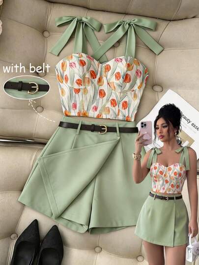GlowEve Women's Tulip Print Cami Top With Shoulder Tie Bow Design, Matcha Green High Waist Asymmetrical Skort With Belt, Elegant Slim Fit Commute 2-Piece Set