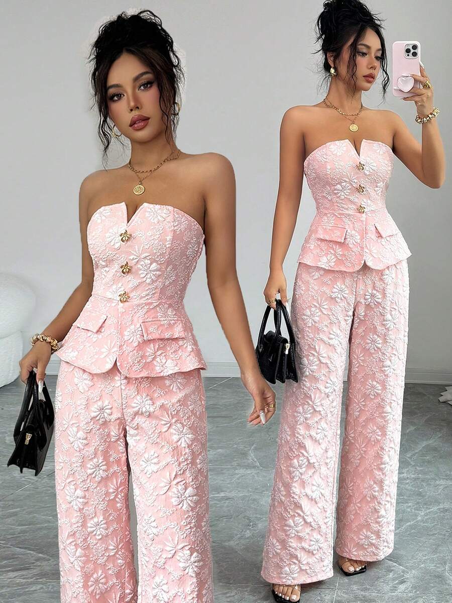 Elenzga Bộ đồ nữ thường ngày gồm áo quây và quần ống rộng họa tiết jacquard. - Hồng - Xem 1