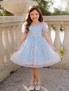 SHEIN Glamorique Kids 年轻女孩优雅迷人粉色可爱泡泡袖收腰奢华双层刺绣网纱蓬蓬裙正式礼服 - 藍色 - 查看 6