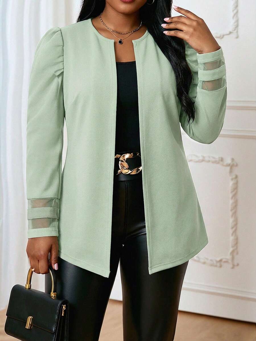 SHEIN Lady Elegant Plus Size Mint Green Longline Coat With Round Neck And Sheer Panel Sleeves - Mint Green - View 1