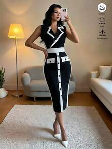 Elenzga Đầm công sở nữ thanh lịch, gợi cảm, ôm eo, không tay, cổ áo, phối túi, cài nút, dáng ngắn, thích hợp cho đi làm, văn phòng, dự đám cưới, sinh nhật, hẹn hò, đi biển. - Đen và trắng - Xem 5
