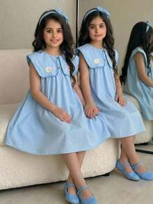 SHEIN Tween Girls/Tween Girl Girls Pastoral Floral Embroidered Pattern Ruffle Collar Puff Sleeve Dress,Versatile Round Neck Trim Contrast Color - Blue - View 2