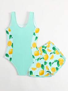 SHEIN Tween Girl Lemon Print One-Piece Swimsuit With Shorts Set - Mint Green - View 2