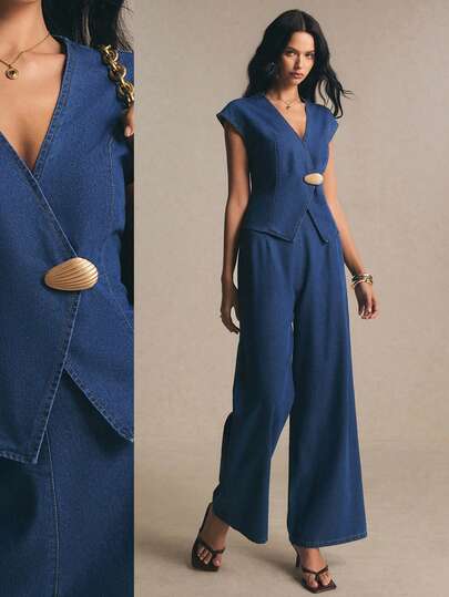 Poéselle Women's Casual Elegent Denim Top And Pants Set, Summer Outfits Festival Outfits For Women Mother's Day Elegant Women's Set Work Brunch Holiday Outfits For Women Navy Blue Linen Outfits For Women Linen Sets For Women Vacation S For Women Womens Jumpsuit Fashion Jumpsuits Wide Leg Jumpsuit Jumpsuits For Women Prep Navy Blue And Gold