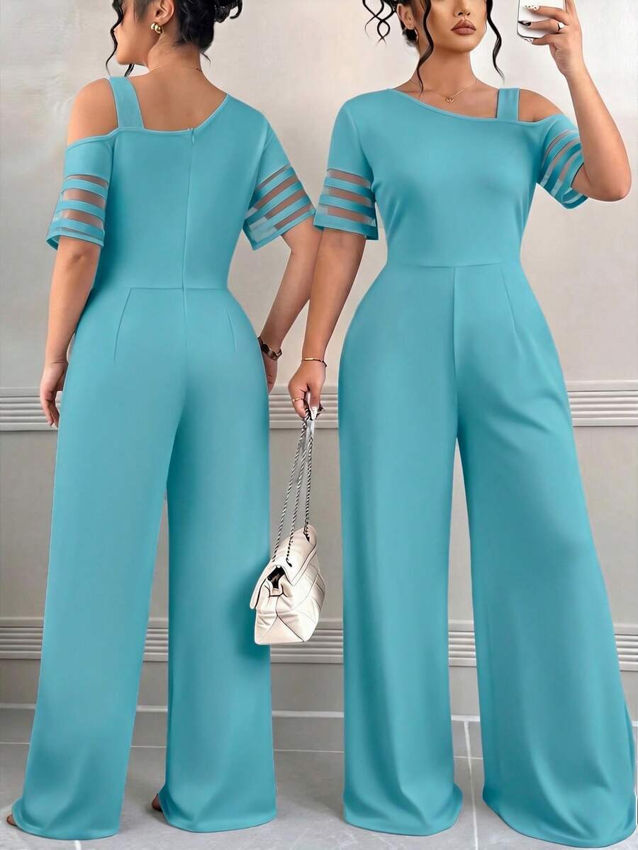 Elenzga Jumpsuit Minimalis Serbaguna Kasual Warna Polos untuk Wanita Ukuran Besar - Baby Blue - View 1