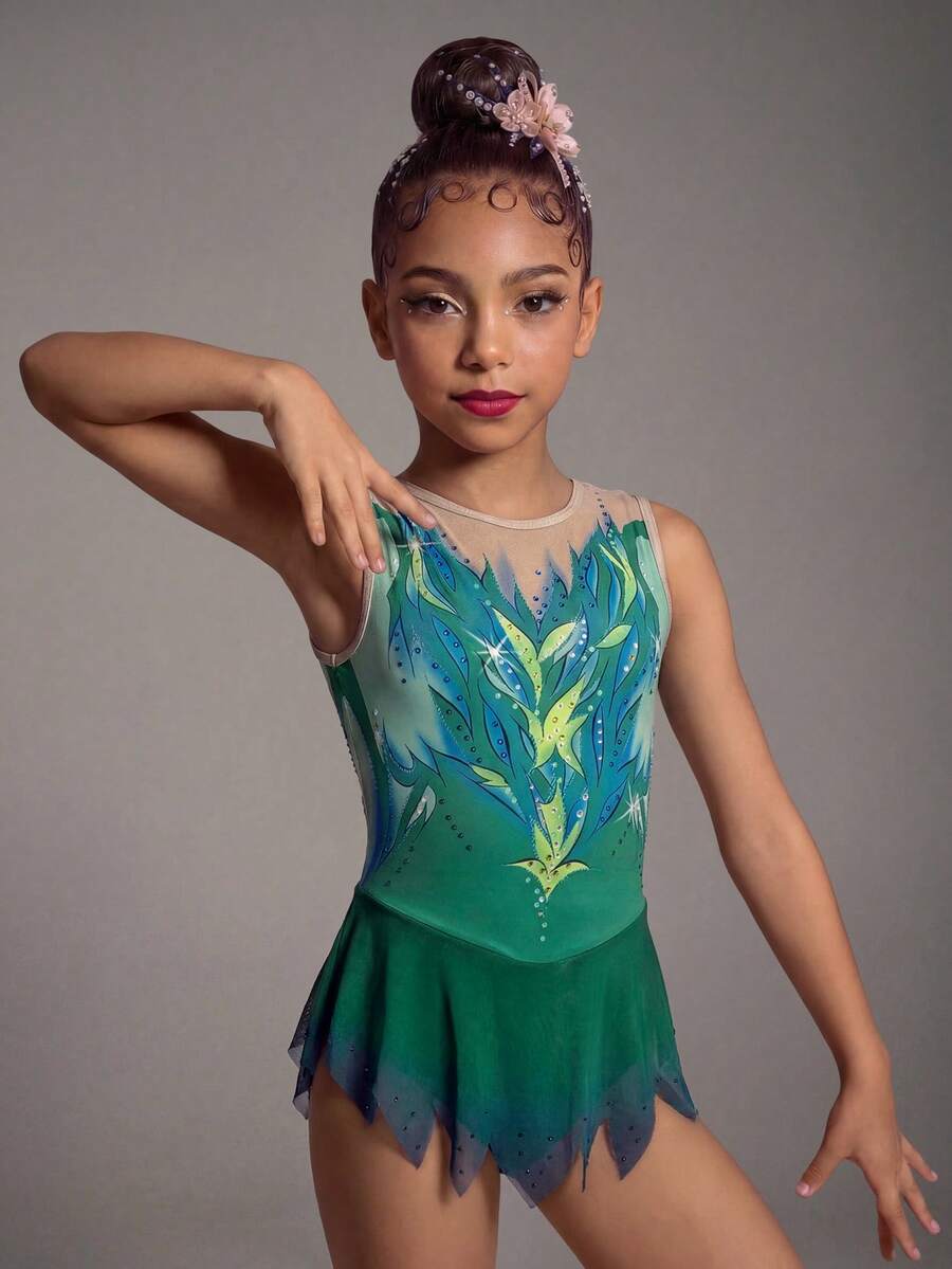 SHEIN Tween Girls Gymnastics Leotard, Mesh Bottom, All-Over Print Design. High Stretch Fabric, Comfortable Stretch, Fall Winter, Autumn, Back To School