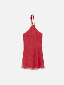 Nöista Polka Dot Pink Summer Elegant Romantic Brunch Printed Halter Mini Dress Cross-Neck Strap Texture Fitted Bodice Flared Skirt Party Vacation Date Night - Red - View 6