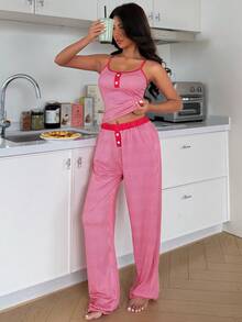 ZzzCrew Summer Decorative Button Striped Print Bodycon Knit Camisole & Pants Set, Sexy Style - Red - View 5