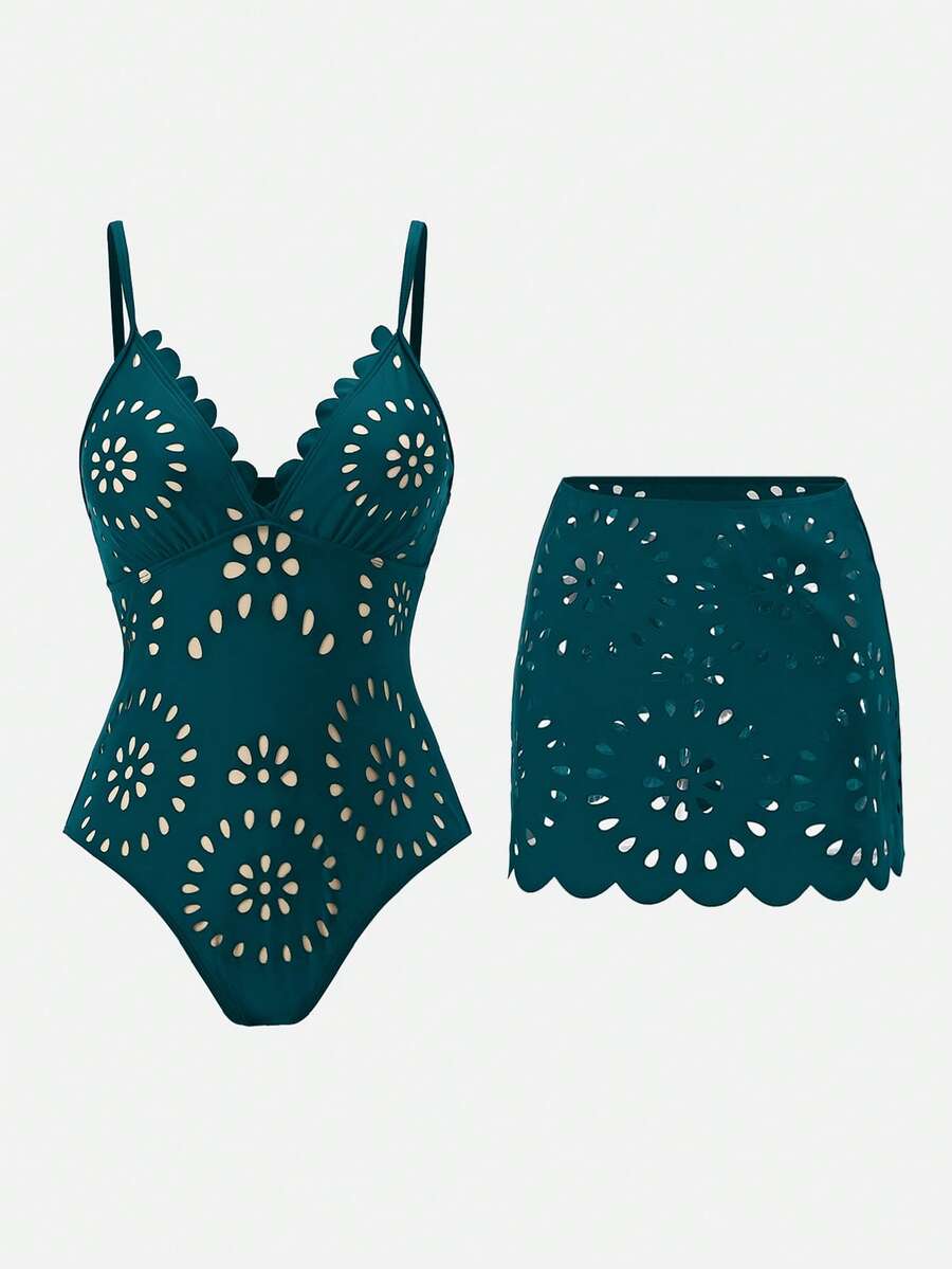 Swim Oasis 26SS 春夏度假海灘成熟優雅波西米亞風掛脖式連身泳衣附裙組套裝 - 水鴨藍 - 查看 1