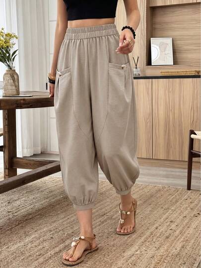 Selianne Women's 7/8 Length Casual Holiday Elegant Romantic Minimalist Pants With Pockets And Button Decor