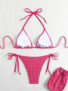 Swim Mod Women's Solid Color Halter Tie Front Bikini Set 2026 New Women's Swimwear ArrivalFor School,Suitable For Holiday, Date Holiday Vacation, Afternoon Tea, Western Tropical, Cruise, Beach, Island, Road Trip, Summer, Music Festival, Boho Vacation,Bohemian Vacation, Chill ,Western Boho ,Elegant Tops For Women Bikinis Set For Women Hot Pink - Pink - View 2