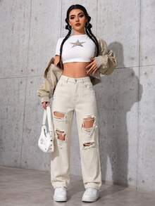 SHEIN ICON 女士口袋做旧直筒宽松休闲百搭牛仔裤 - 米色 - 查看 7