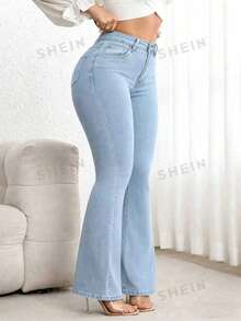 Flexra Quần jeans ống loe cạp cao dáng ôm dành cho người có thân hình đầy đặn, màu xanh đậm đã giặt. - Rửa nhẹ - Xem 5