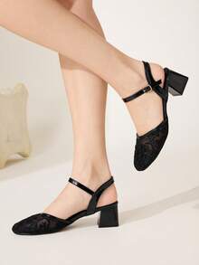 CUCCOO CHICEST Ladies Round Toe Fashion Simple Mesh Casual Mary Jane Saddle Strap High Heel Coarse Heel Sandals Summer Shoes - Black - View 5